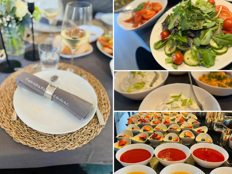 Fingerfood und kleine Speisen auf Tellern und Schalen vor Ort angerichtet